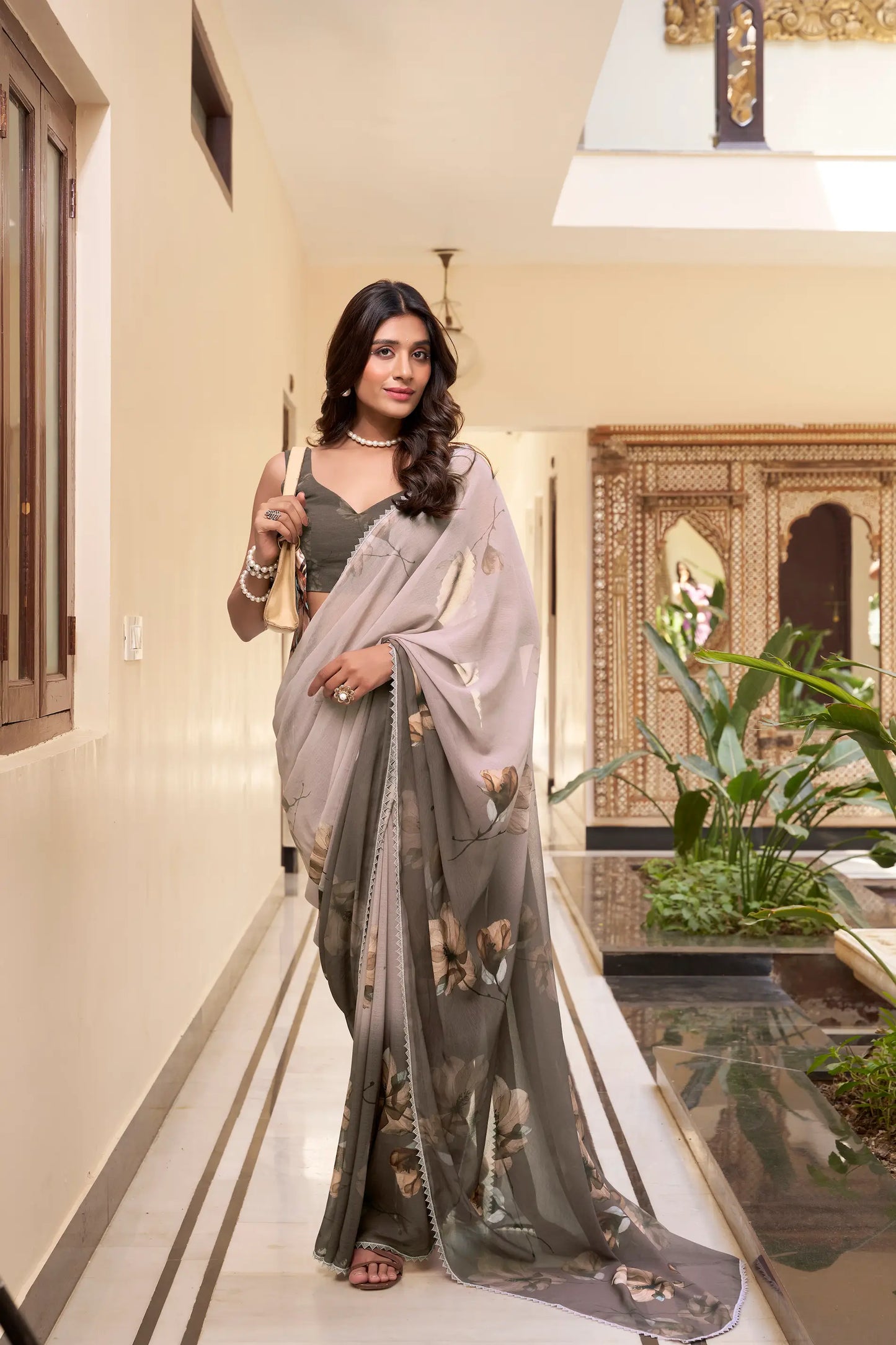 Brown Weightless Marbal Saree With Floral Print & Lace Border