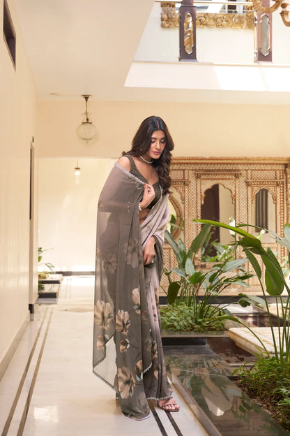 Brown Weightless Marbal Saree With Floral Print & Lace Border