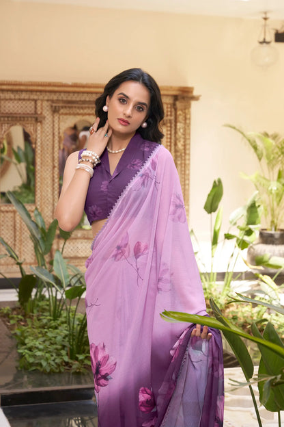 Purple Weightless Marbal Saree With Floral Print & Lace Border