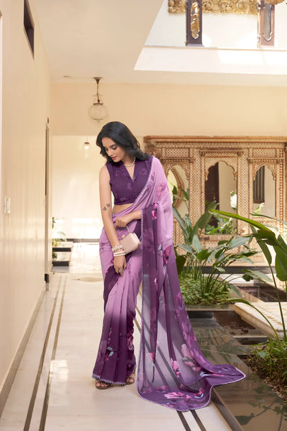 Purple Weightless Marbal Saree With Floral Print & Lace Border