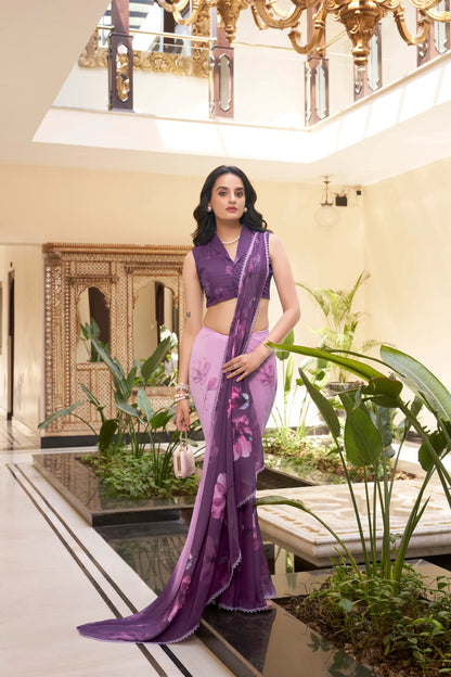 Purple Weightless Marbal Saree With Floral Print & Lace Border
