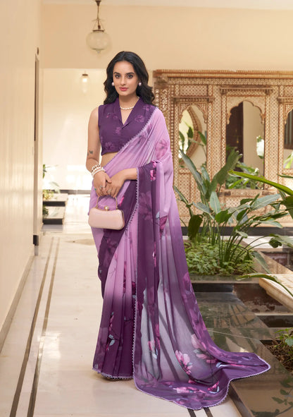 Purple Weightless Marbal Saree With Floral Print & Lace Border