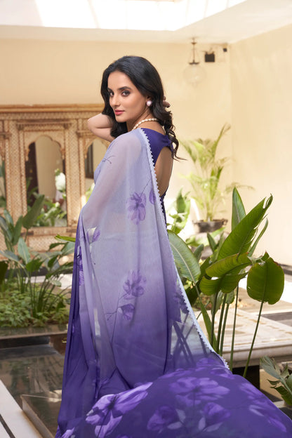 Blue Weightless Marbal Saree With Floral Print & Lace Border