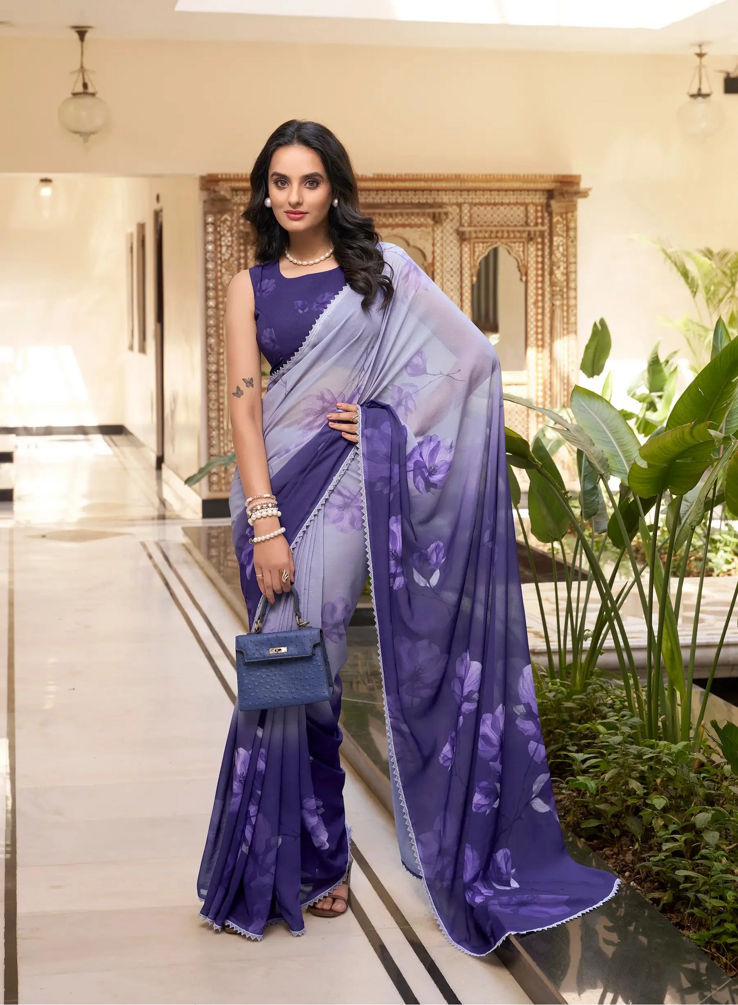 Blue Weightless Marbal Saree With Floral Print & Lace Border