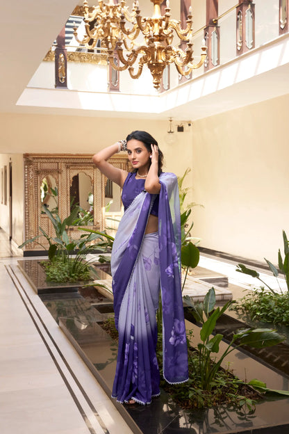 Blue Weightless Marbal Saree With Floral Print & Lace Border