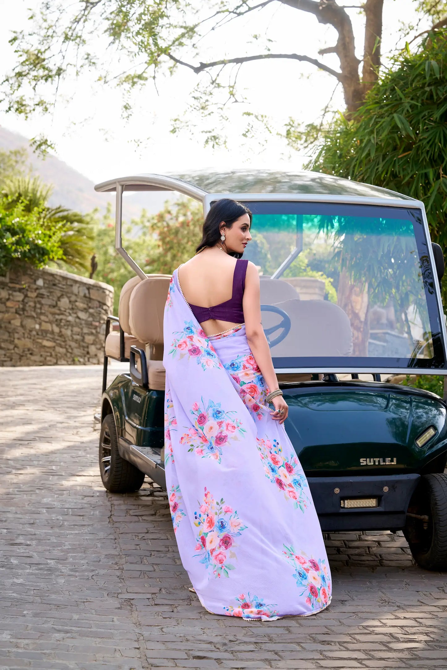 Lavender Weightless Marbal Saree With Floral Print & Lace Border