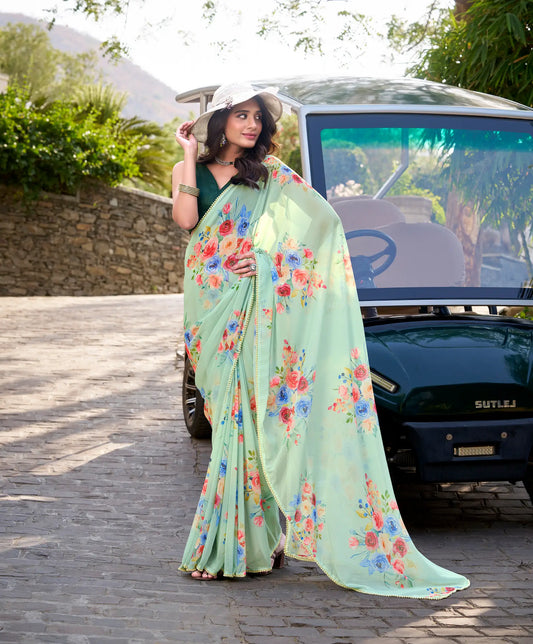 Pista Green Weightless Marbal Saree With Floral Print & Lace Border