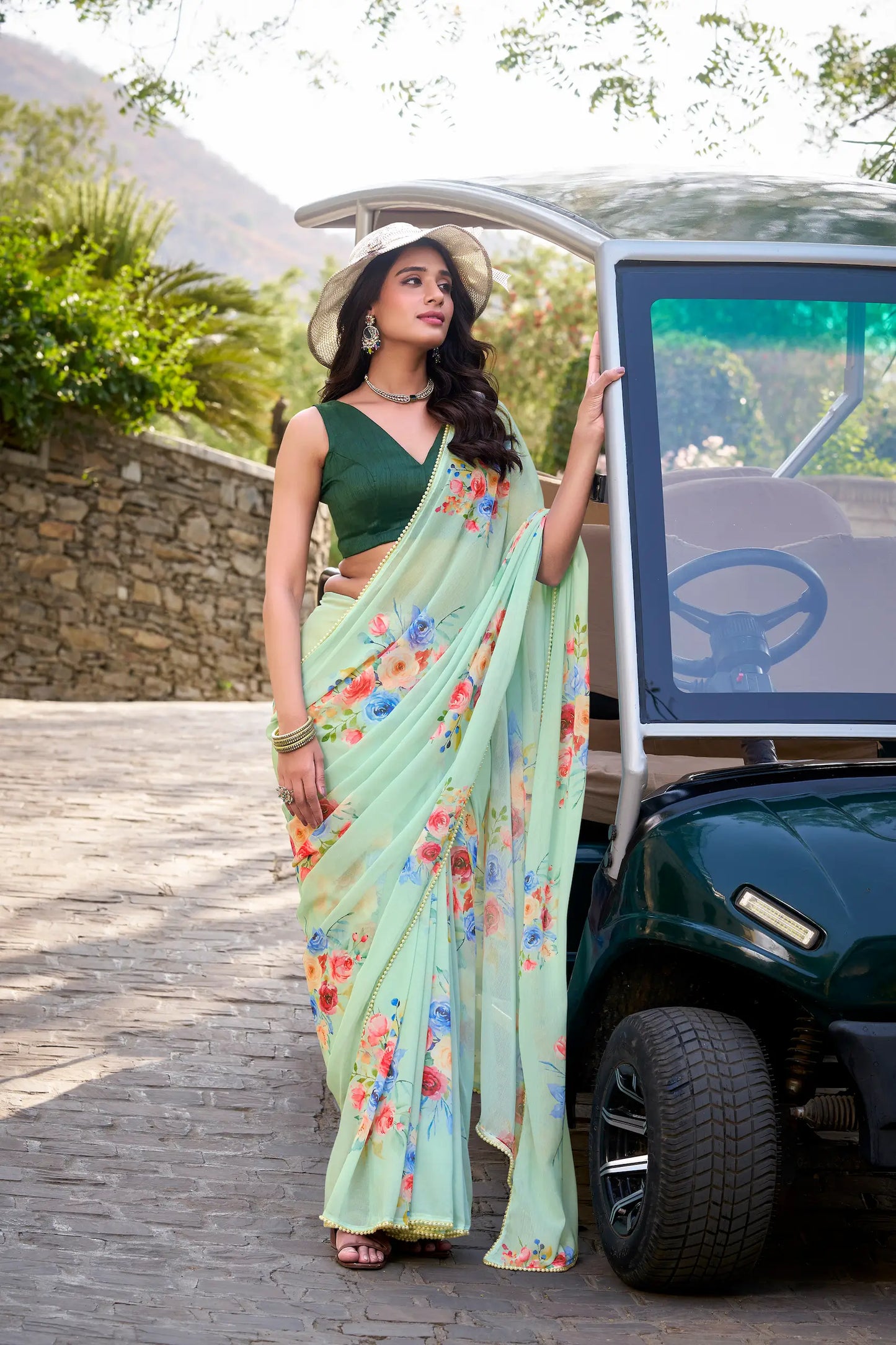 Pista Green Weightless Marbal Saree With Floral Print & Lace Border