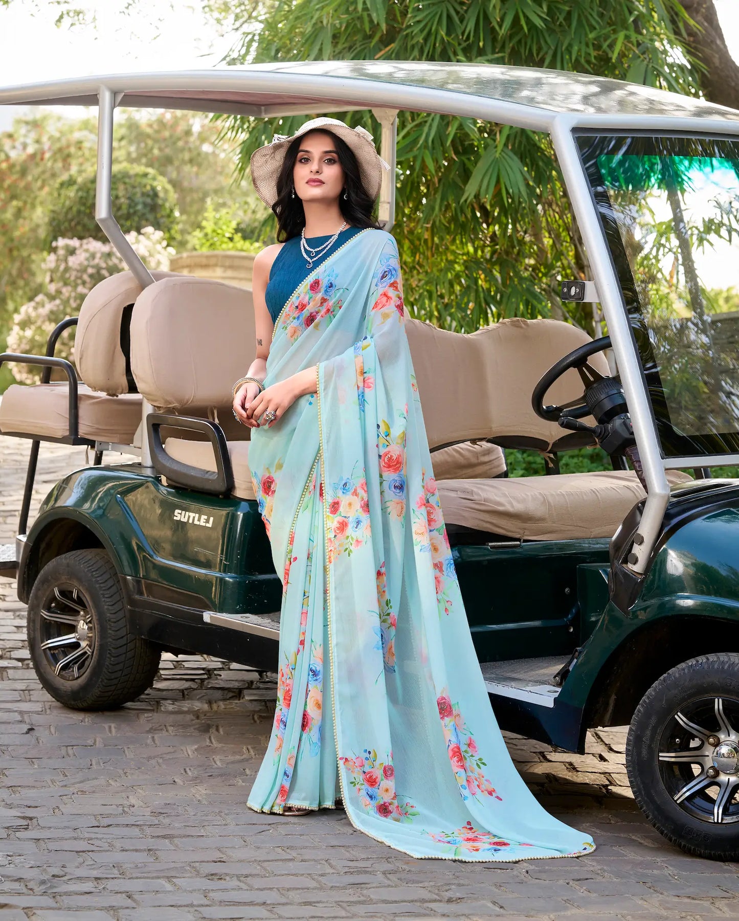 Sea Blue Weightless Marbal Saree With Floral Print & Lace Border