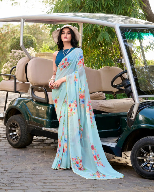 Sea Blue Weightless Marbal Saree With Floral Print & Lace Border