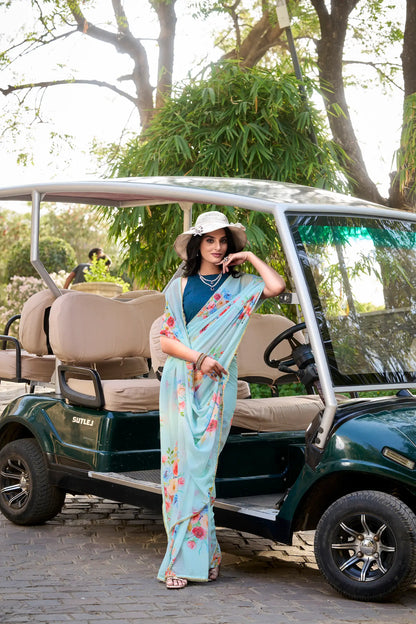 Sea Blue Weightless Marbal Saree With Floral Print & Lace Border