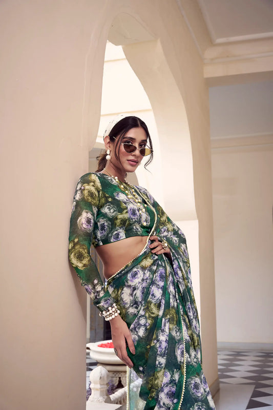 Green Weightless Marbal Saree With  Pearl Lace Border & Floral Print