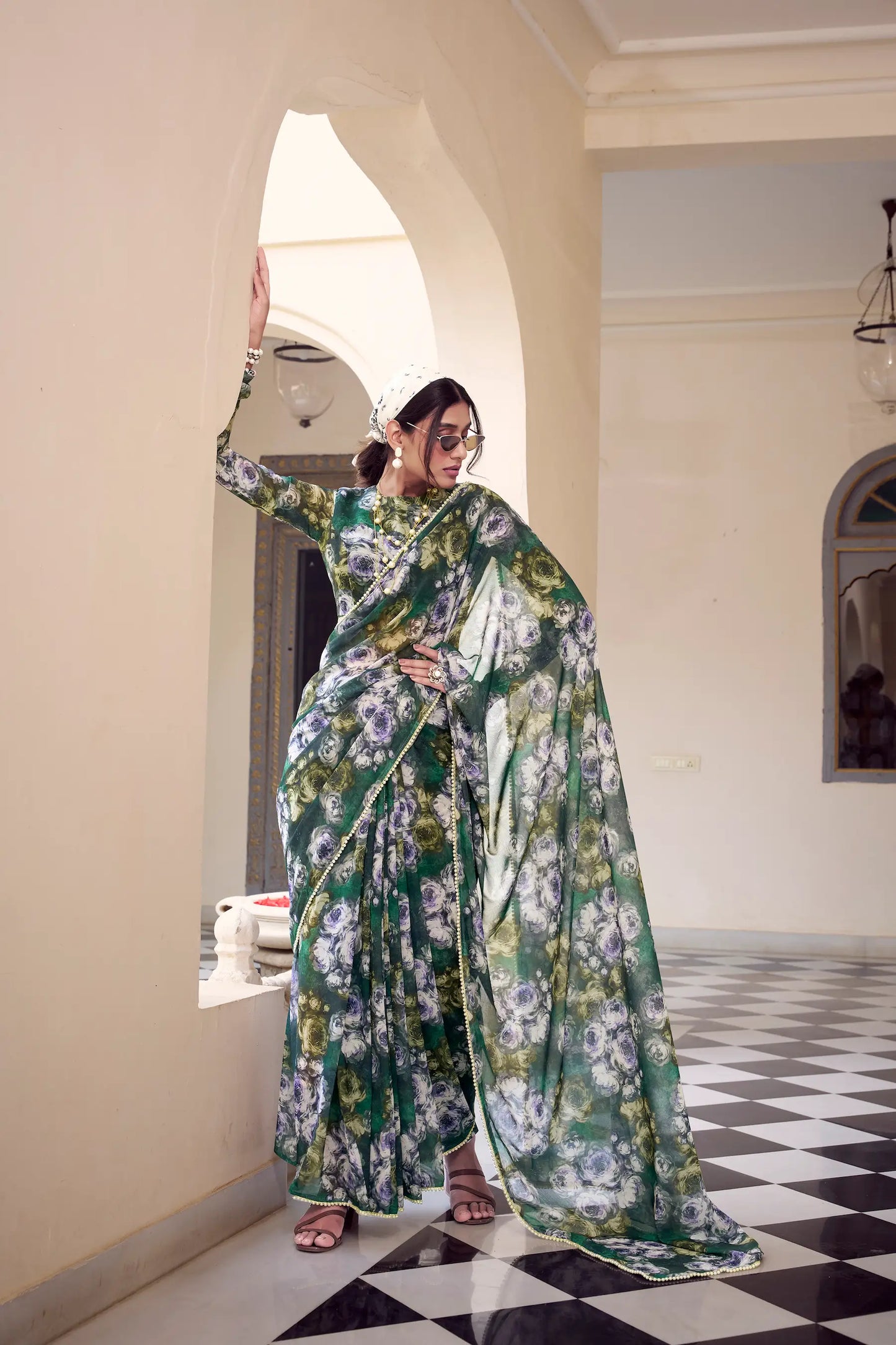 Green Weightless Marbal Saree With  Pearl Lace Border & Floral Print