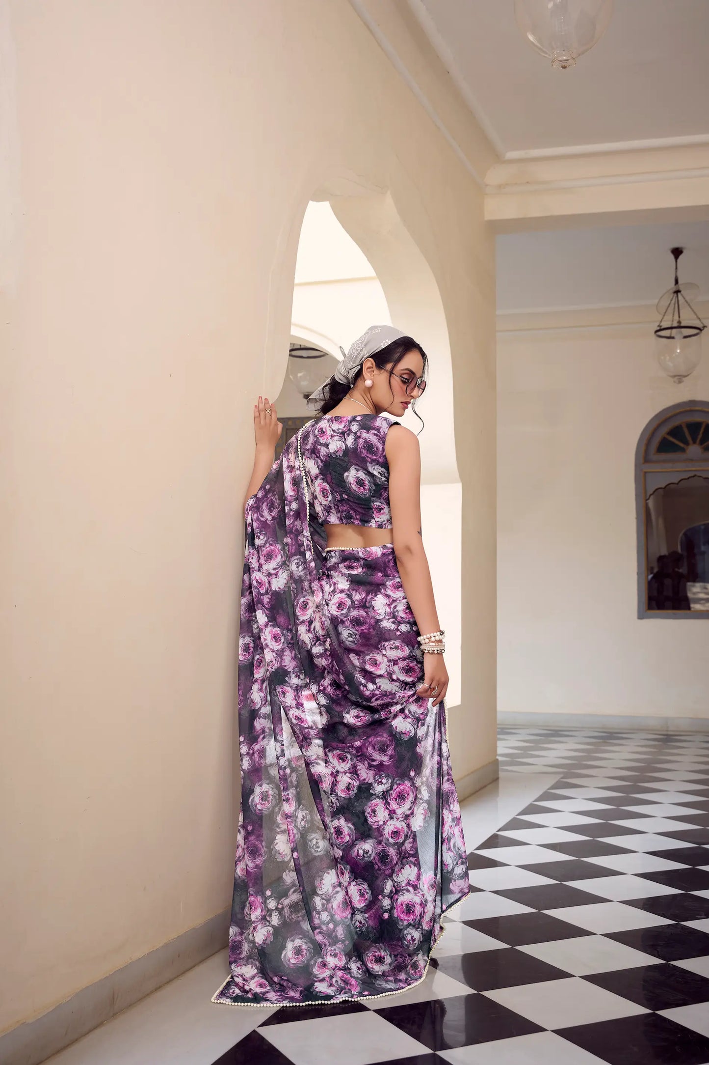 Grey Weightless Marbal Saree With  Pearl Lace Border & Floral Print