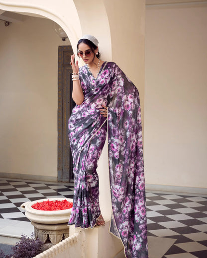 Grey Weightless Marbal Saree With  Pearl Lace Border & Floral Print