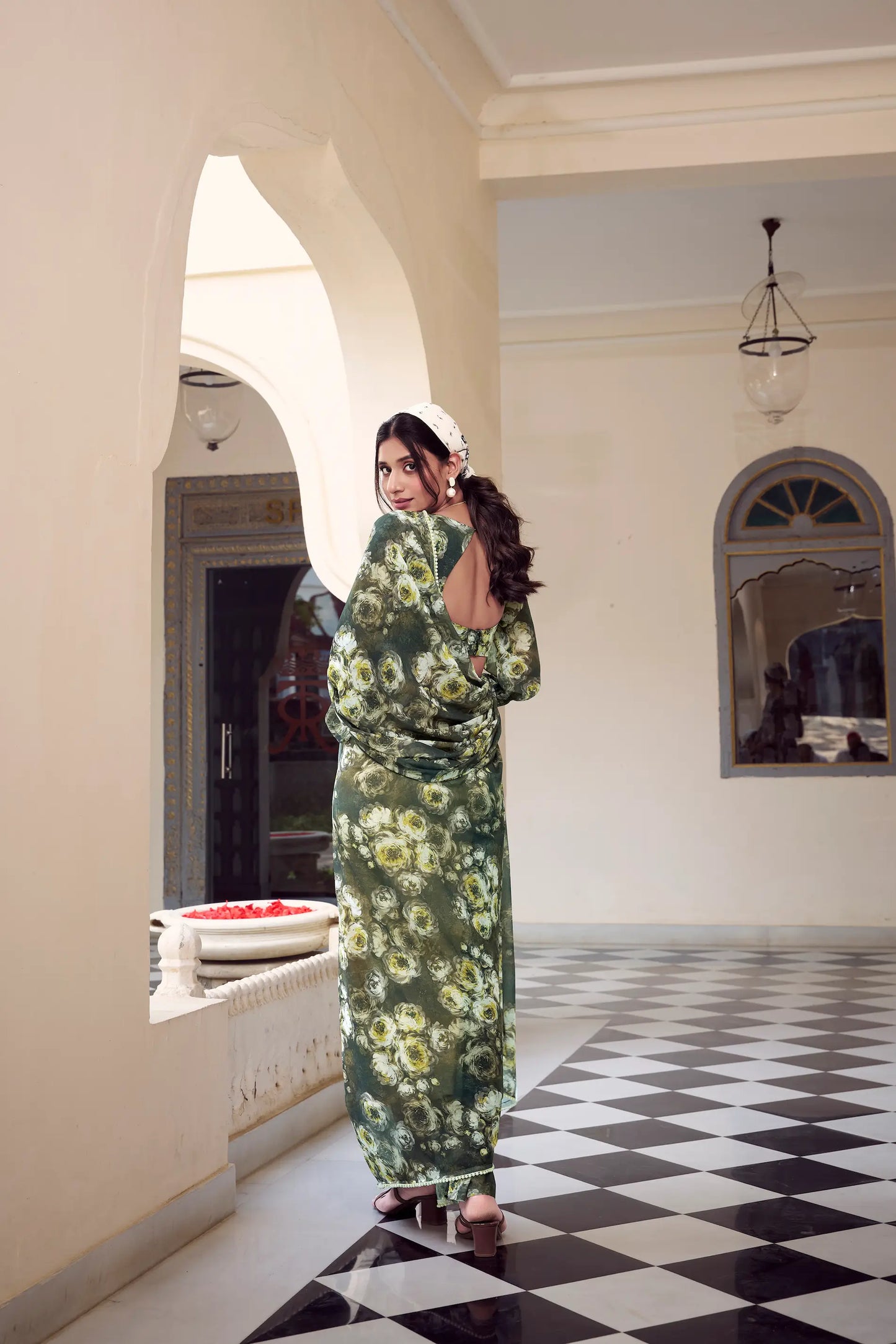Olive Green Weightless Marbal Saree With  Pearl Lace Border & Floral Print