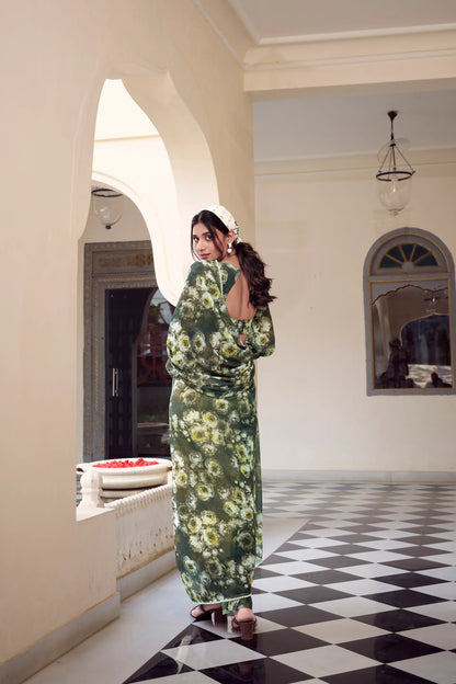 Olive Green Weightless Marbal Saree With  Pearl Lace Border & Floral Print