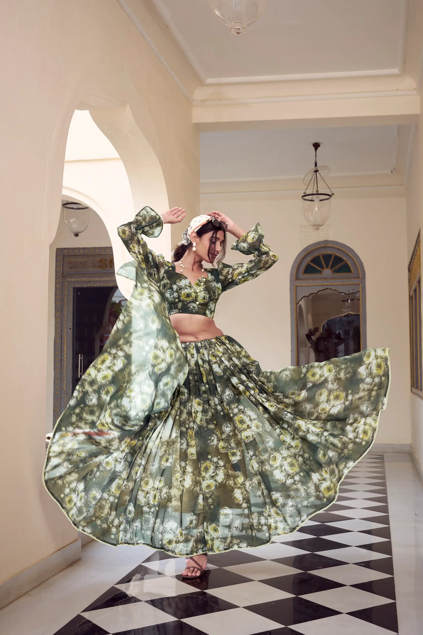 Olive Green Weightless Marbal Saree With  Pearl Lace Border & Floral Print