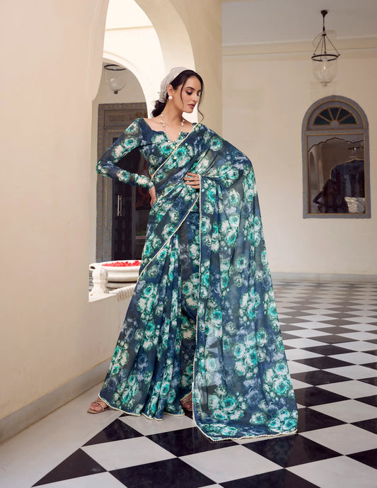 Navy Blue Weightless Marbal Saree With  Pearl Lace Border & Floral Print