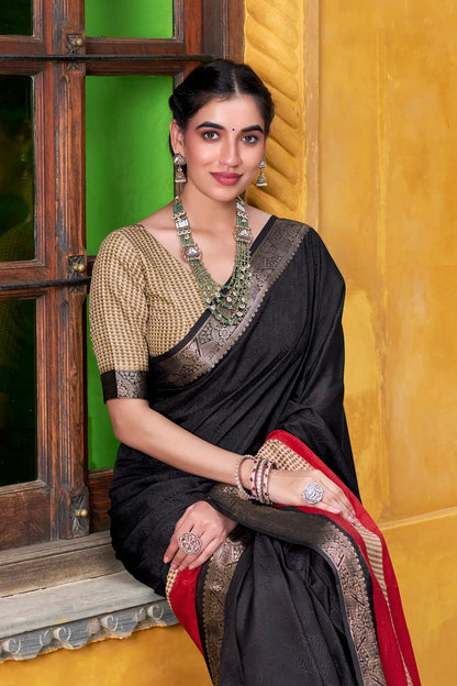Black Poly Cotton Saree With Print & Zari Weaving Work