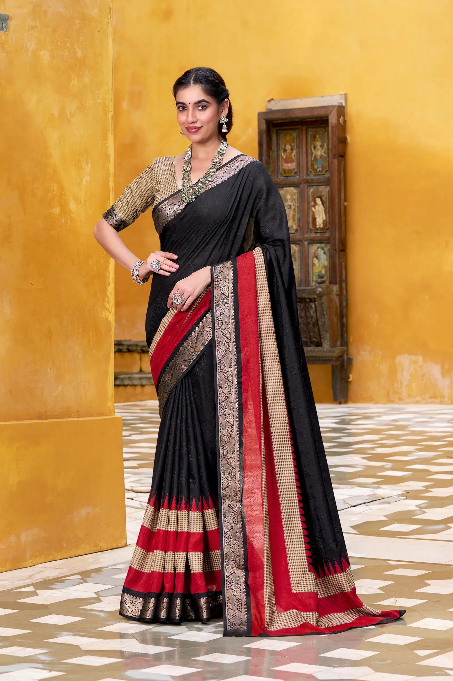 Black Poly Cotton Saree With Print & Zari Weaving Work