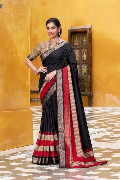 Black Poly Cotton Saree With Print & Zari Weaving Work