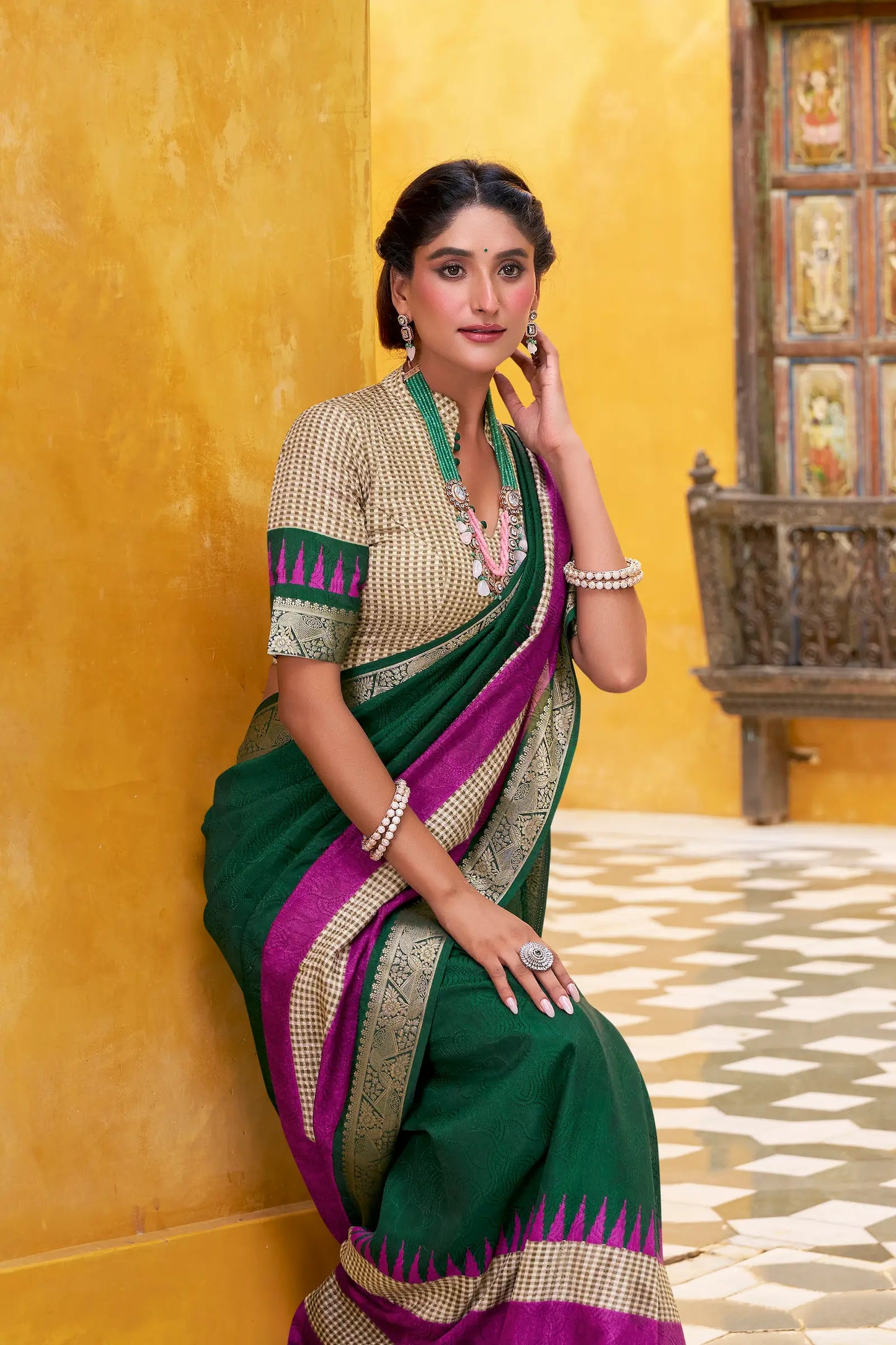 Green Poly Cotton Saree With Print & Zari Weaving Work