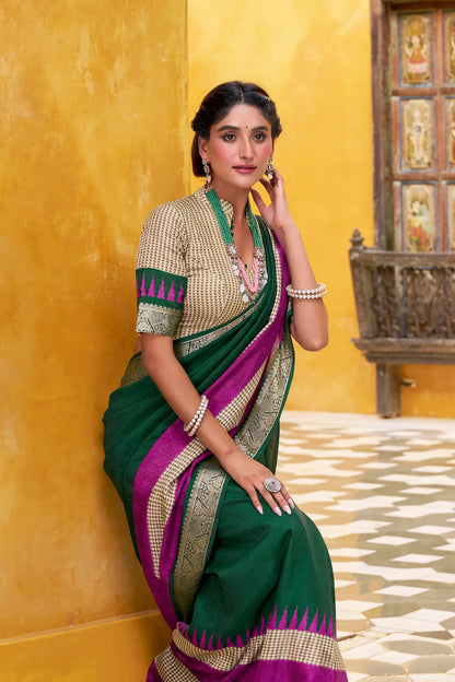 Green Poly Cotton Saree With Print & Zari Weaving Work