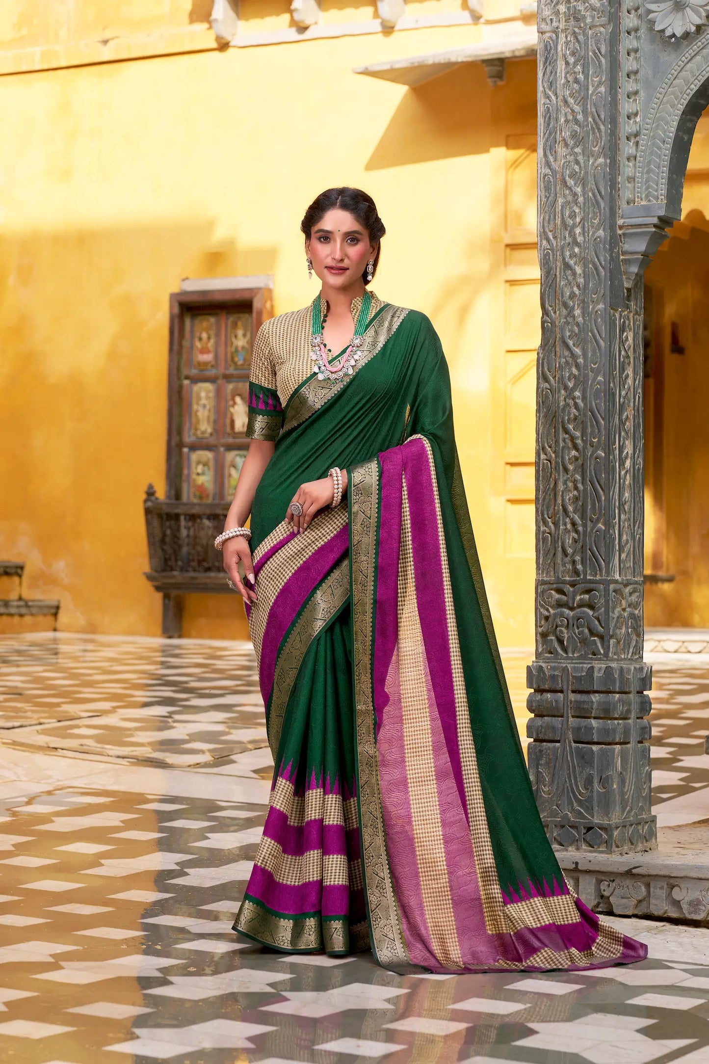 Green Poly Cotton Saree With Print & Zari Weaving Work