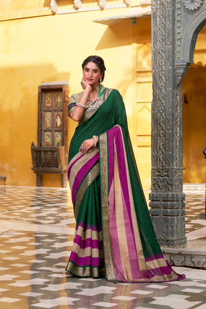 Green Poly Cotton Saree With Print & Zari Weaving Work