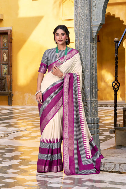 Beige Poly Cotton Saree With Print & Zari Weaving Work