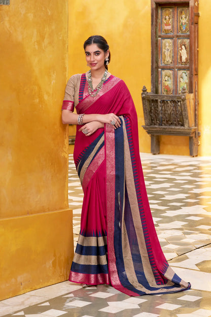 Dark Pink Poly Cotton Saree With Print & Zari Weaving Work
