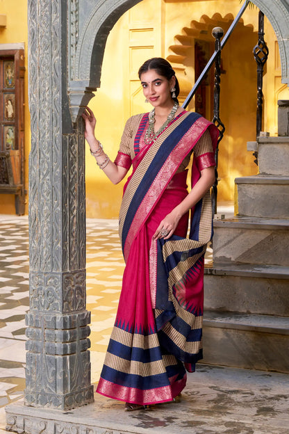 Dark Pink Poly Cotton Saree With Print & Zari Weaving Work