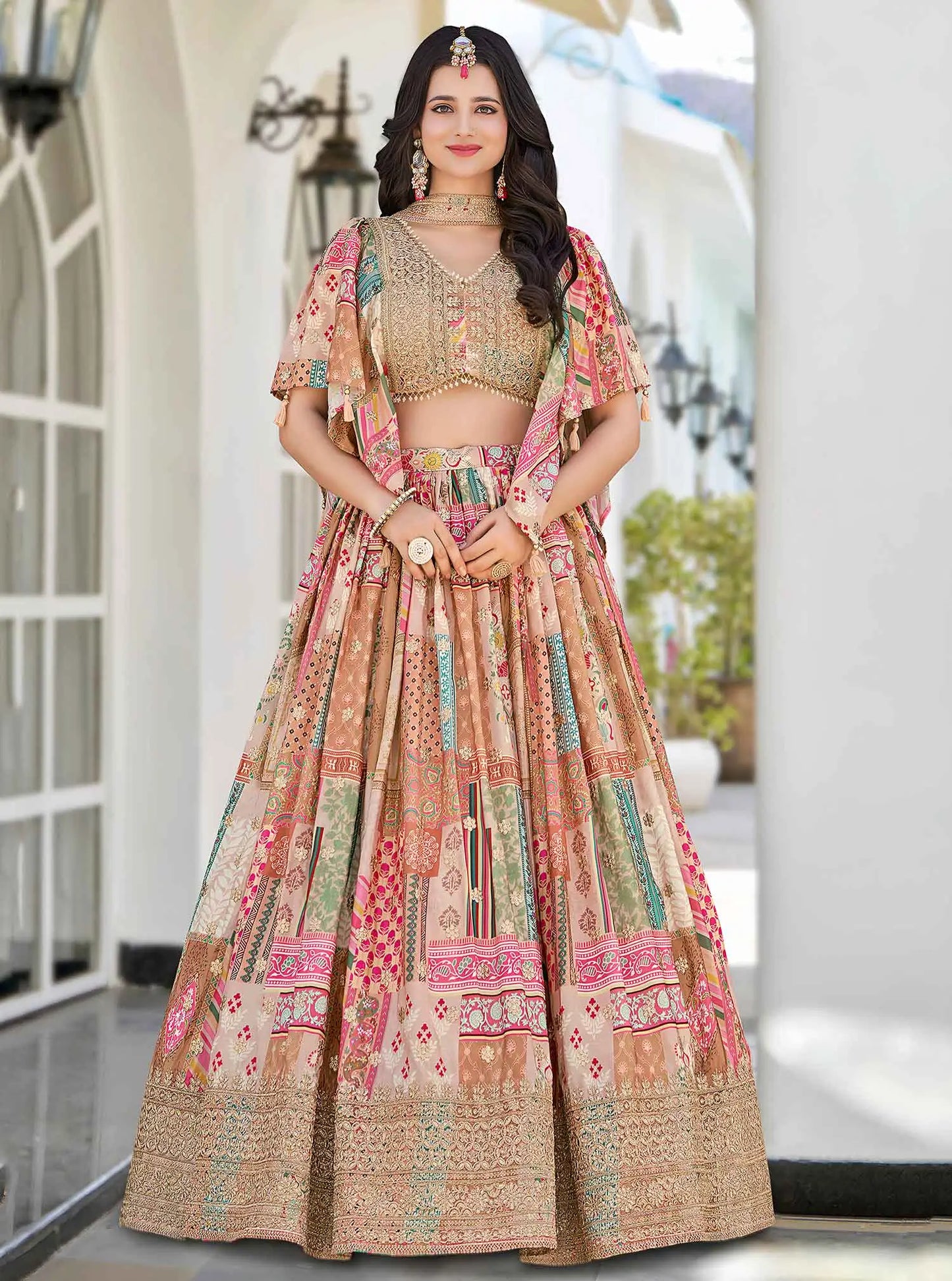 Beige Digital Print And Embroidery Work Lehenga With Stylish Blouse