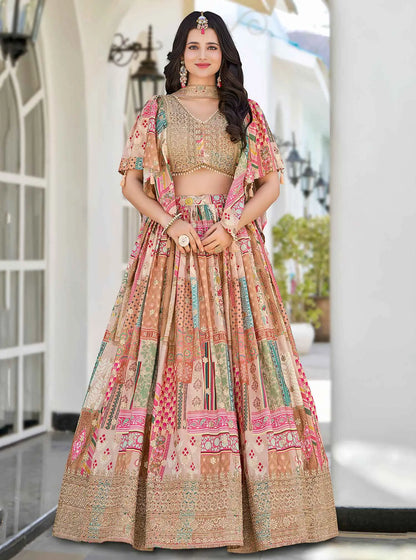 Beige Digital Print And Embroidery Work Lehenga With Stylish Blouse