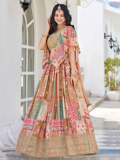 Beige Digital Print And Embroidery Work Lehenga With Stylish Blouse