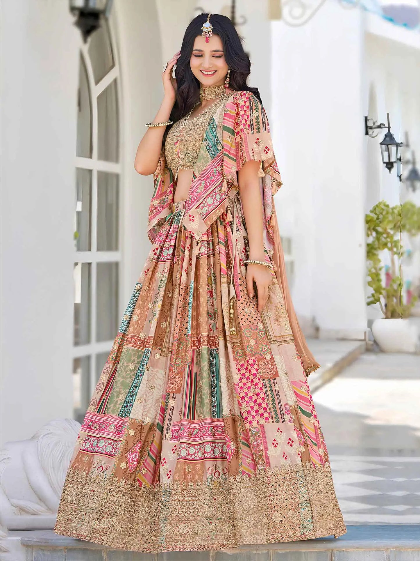 Beige Digital Print And Embroidery Work Lehenga With Stylish Blouse