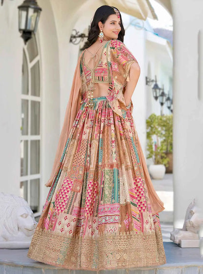 Beige Digital Print And Embroidery Work Lehenga With Stylish Blouse