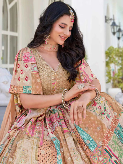 Beige Digital Print And Embroidery Work Lehenga With Stylish Blouse
