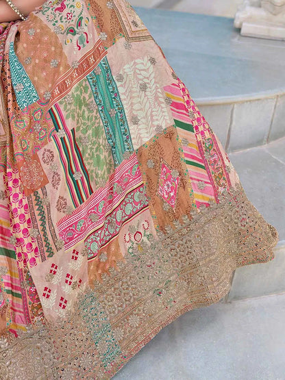 Beige Digital Print And Embroidery Work Lehenga With Stylish Blouse