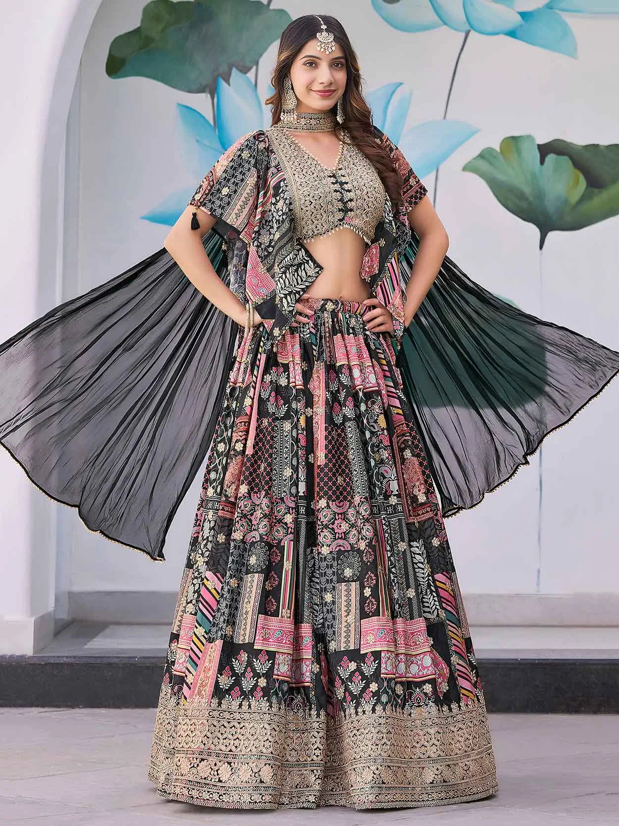 Black Digital Print And Embroidery Work Lehenga With Choker Style Dupatta