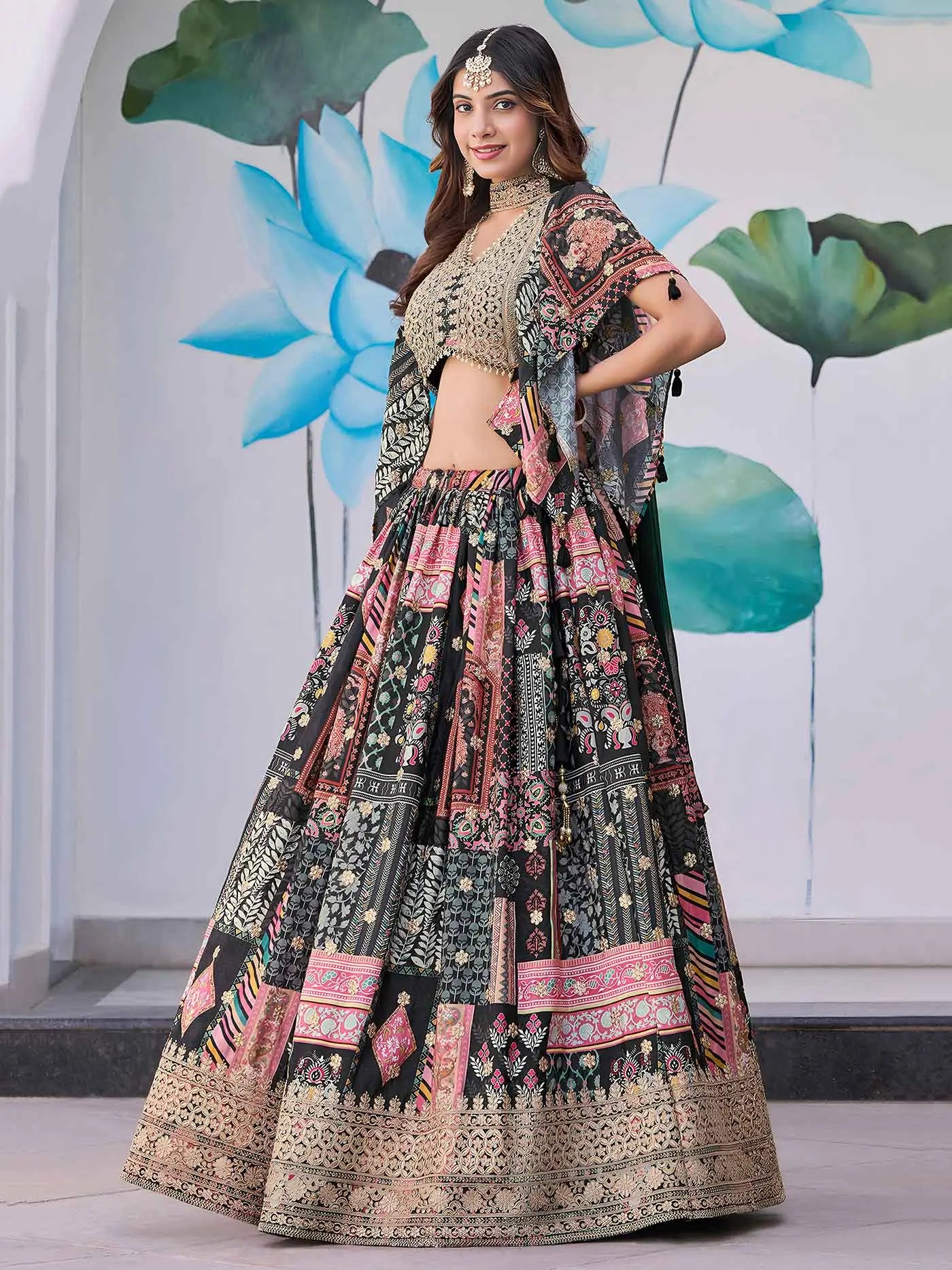 Black Digital Print And Embroidery Work Lehenga With Choker Style Dupatta