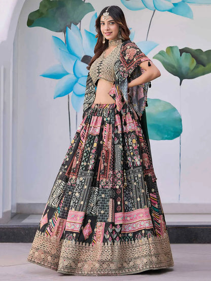 Black Digital Print And Embroidery Work Lehenga With Choker Style Dupatta
