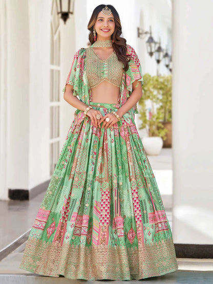 Light Green Digital Print And Embroidery Work Lehenga With Stylish Blouse