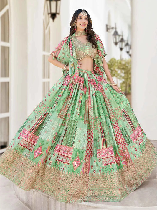 Light Green Digital Print And Embroidery Work Lehenga With Stylish Blouse