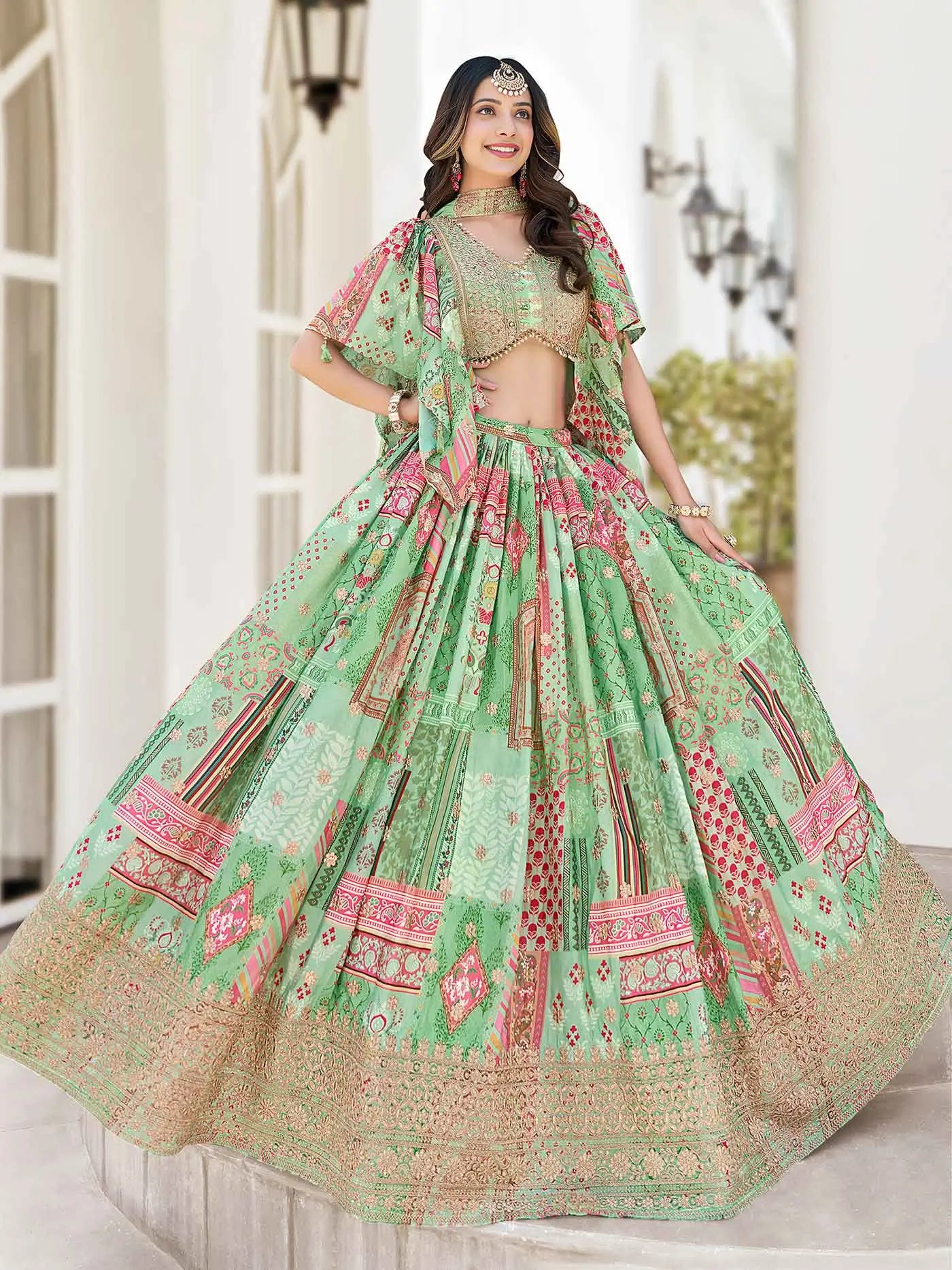 Light Green Digital Print And Embroidery Work Lehenga With Stylish Blouse