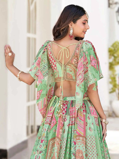 Light Green Digital Print And Embroidery Work Lehenga With Stylish Blouse
