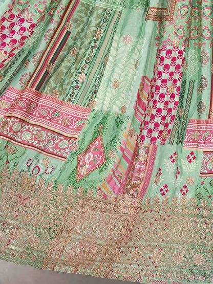 Light Green Digital Print And Embroidery Work Lehenga With Stylish Blouse