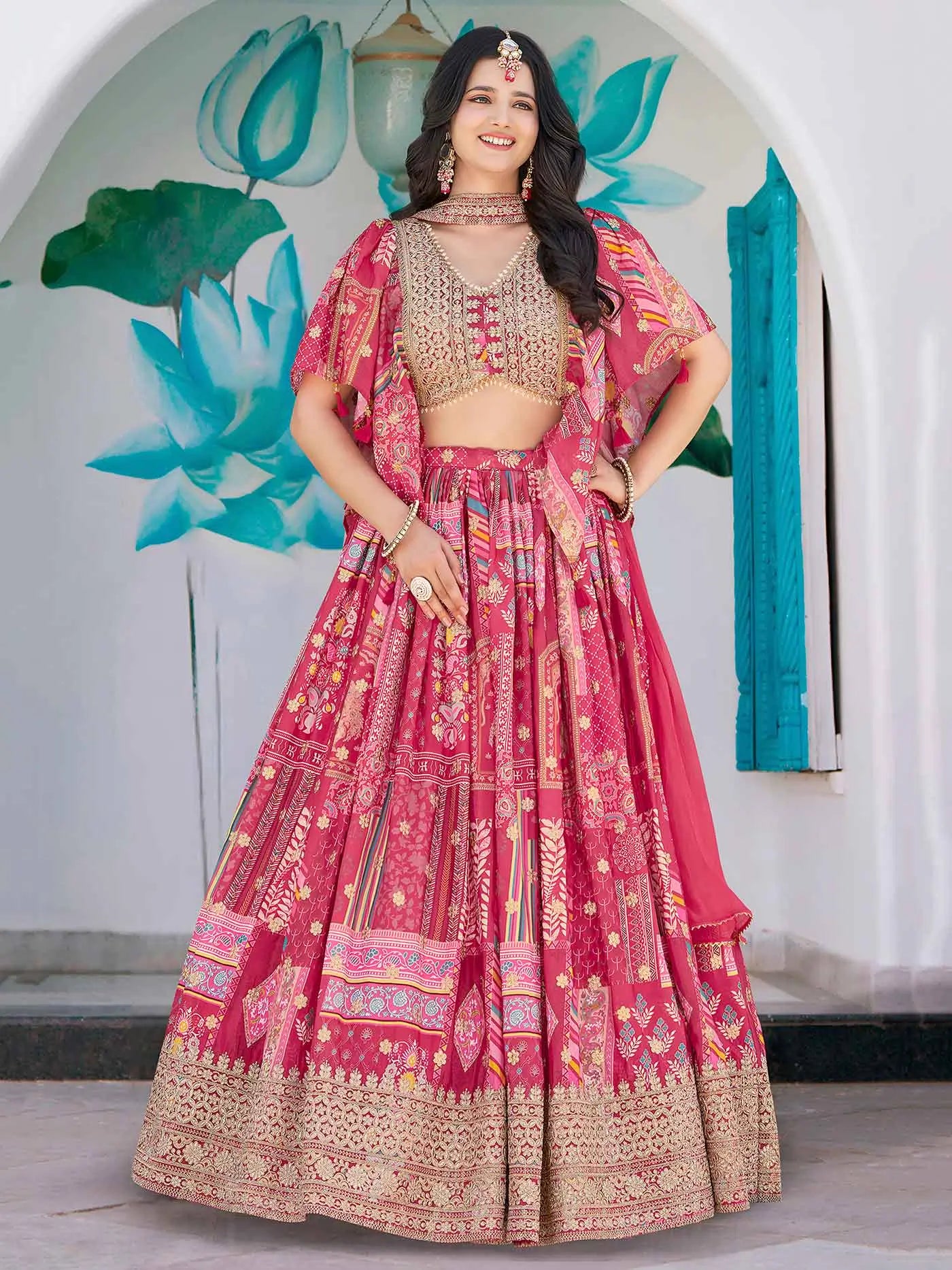 Pink Digital Print And Embroidery Work Silk Lehenga With Stylish Blouse