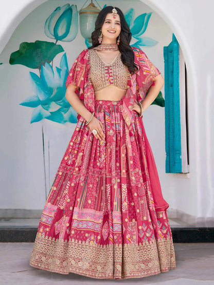 Pink Digital Print And Embroidery Work Silk Lehenga With Stylish Blouse